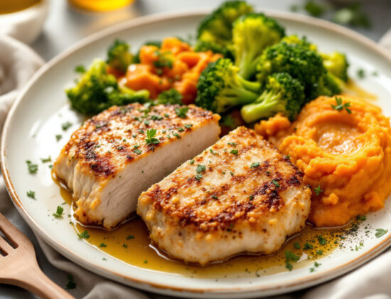 Rețetă cotlet de porc în crustă de usturoi cu garnitură de broccoli și piure de cartof dulce