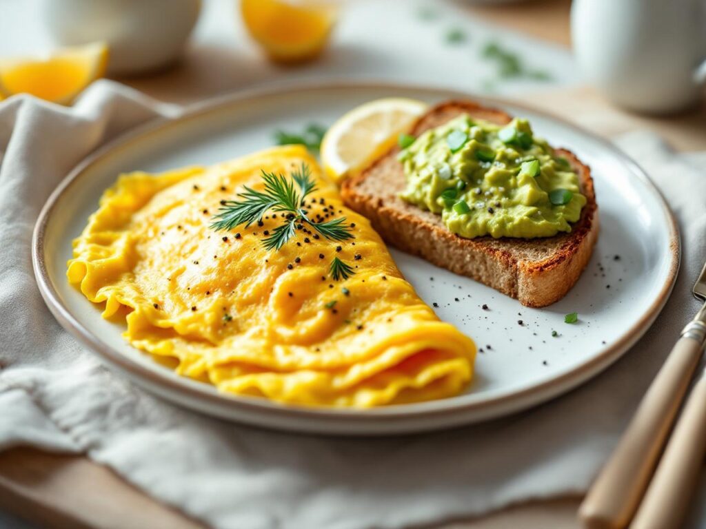 Rețetă low carb high protein keto omletă cu somon afumat și avocado, servită cu pâine integrală prăjită
