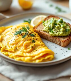 Rețetă low carb high protein keto omletă cu somon afumat și avocado, servită cu pâine integrală prăjită