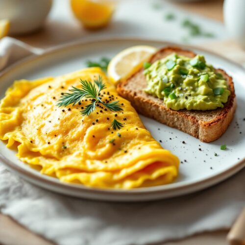 Rețetă low carb high protein keto omletă cu somon afumat și avocado, servită cu pâine integrală prăjită