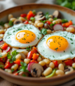 Rețetă salată cu ouă ochi la capac, fasole și mix de legume
