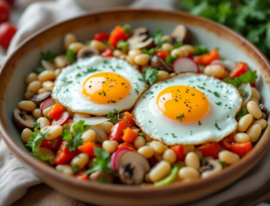 Rețetă salată cu ouă ochi la capac, fasole și mix de legume