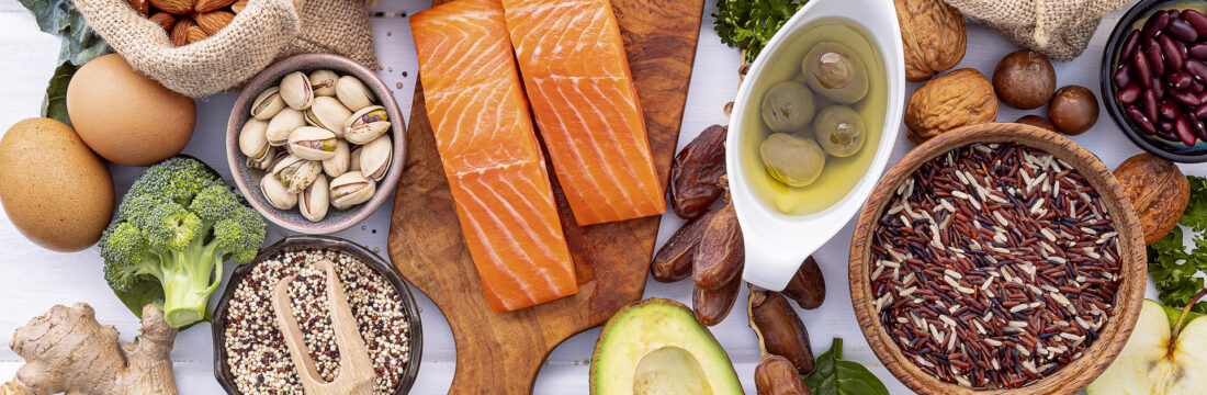 Ingredients for the healthy foods selection on white background. Balanced healthy ingredients of unsaturated fats and fiber for the heart and blood vessels.