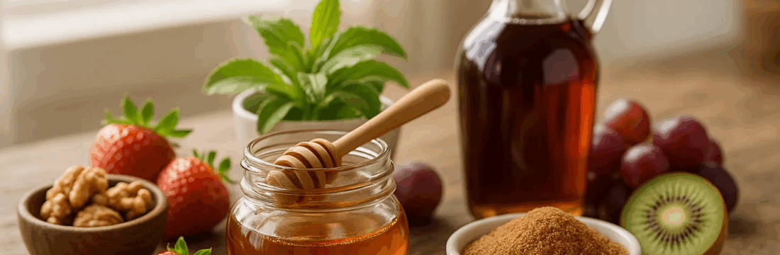 O imagine care adună alternativele naturale la zahăr - miere, sirop de arțar, fructe și stevie