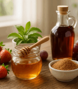 O imagine care adună alternativele naturale la zahăr - miere, sirop de arțar, fructe și stevie
