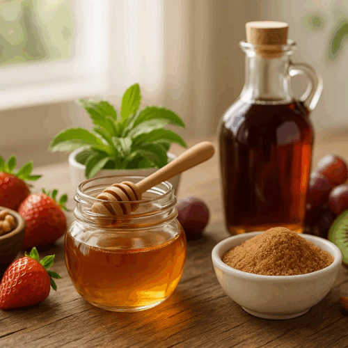 O imagine care adună alternativele naturale la zahăr - miere, sirop de arțar, fructe și stevie