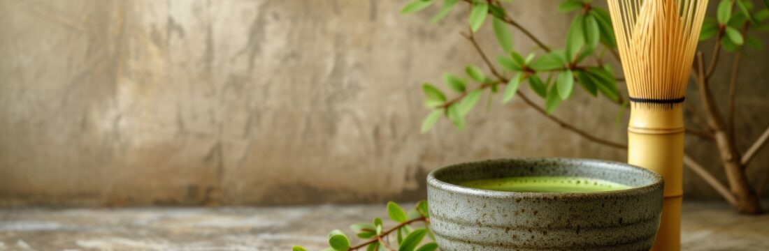 A Japanese matcha tea preparation, showcasing a vibrant green tea bowl and a bamboo whisk.