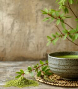 A Japanese matcha tea preparation, showcasing a vibrant green tea bowl and a bamboo whisk.