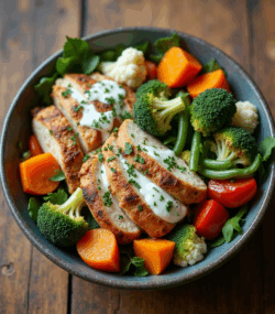 Rețeta bol dietetic cu piept de pui la cuptor, cartof dulce și legume