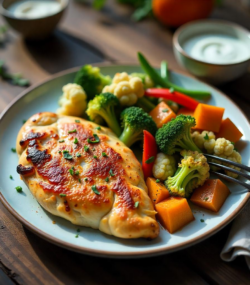 Rețeta piept de pui la cuptor cu cartof dulce și legume sotate