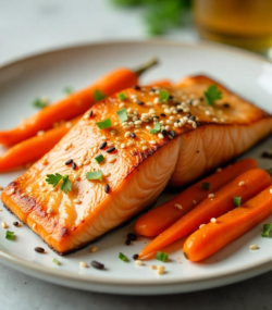 Rețeta somon la cuptor cu morcov, portocală și semințe de susan