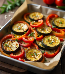 Rețetă Legume la Cuptor cu Vinete, Dovlecel și Ardei în Crustă de Semințe