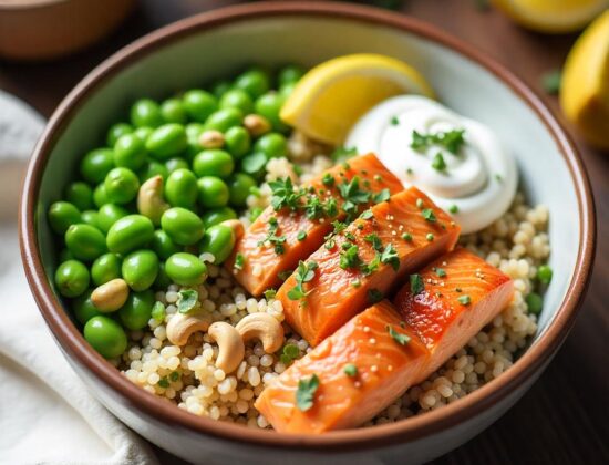 Rețeta hipocalorica bol de somon cu quinoa, edamame și sos de iaurt