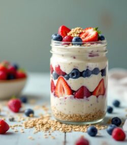 Rețetă hipocalorica de post intermitent parfait cu kefir, ovăz, semințe și fructe de pădure