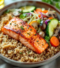 Rețetă hipocalorica somon la tigaie cu orez integral și legume la abur