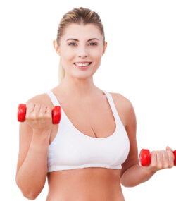 Mature woman with dumbbells. Attractive mature woman in sports clothing training with dumbbells and smiling while standing isolated on white