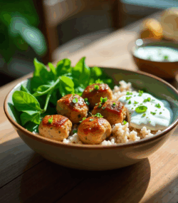 Rețeta hipocalorica bol dietetic cu chiftele de curcan, orez și sos de iaurt