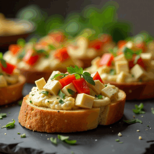 Rețetă vegană bruschete cu salată de vinete, tofu și legume