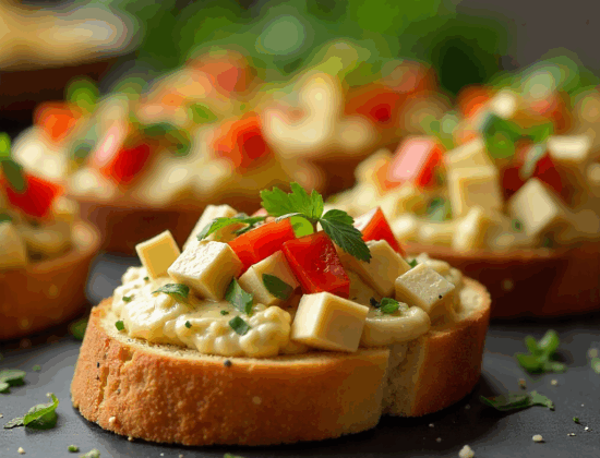 Rețetă vegană bruschete cu salată de vinete, tofu și legume