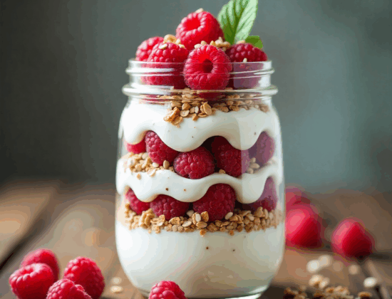 Rețetă vegană parfait cu iaurt de caju și zmeură