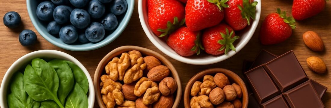 Un aranjament de alimente bogate în antioxidanți - afine, căpșune, nuci și alune, verdețuri și ciocolată