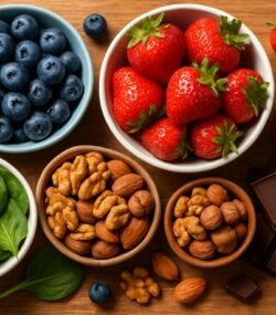Un aranjament de alimente bogate în antioxidanți - afine, căpșune, nuci și alune, verdețuri și ciocolată