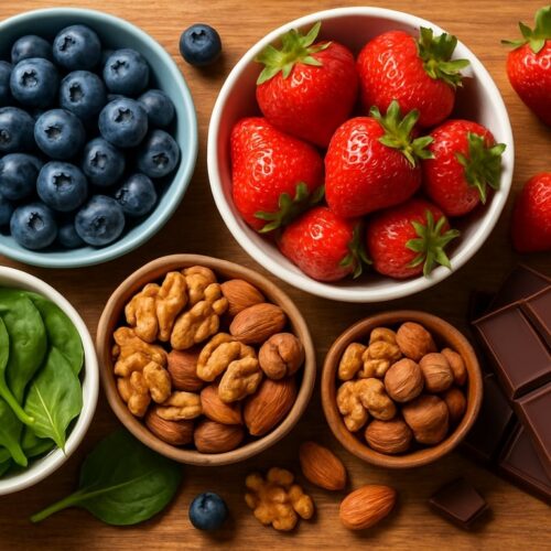 Un aranjament de alimente bogate în antioxidanți - afine, căpșune, nuci și alune, verdețuri și ciocolată