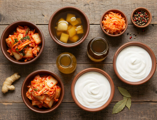 Alimente bogate în probiotice - kombucha, iaurt, tofu - în boluri pe o masă din lemn.