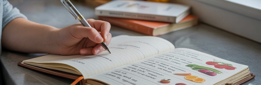 O femeie notând într-un jurnal alimentar ce a mâncat și la ce oră, pentru a se asigura că-și urmează postul intermitent