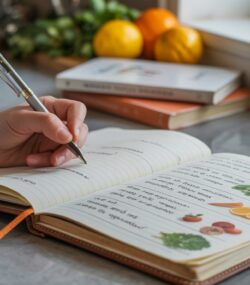 O femeie notând într-un jurnal alimentar ce a mâncat și la ce oră, pentru a se asigura că-și urmează postul intermitent