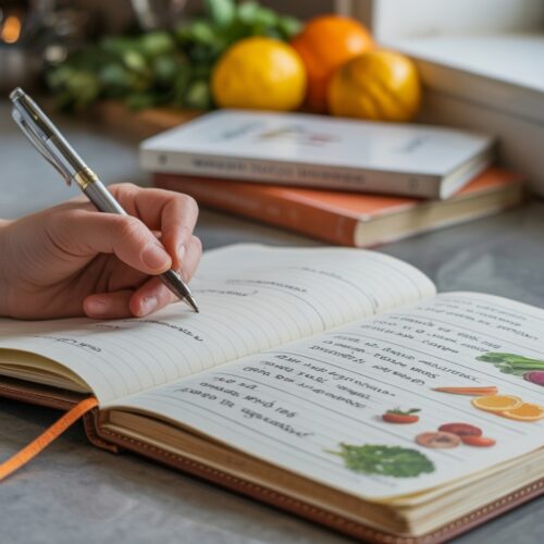 O femeie notând într-un jurnal alimentar ce a mâncat și la ce oră, pentru a se asigura că-și urmează postul intermitent