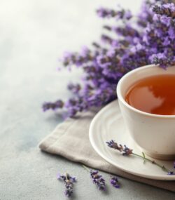 O ceașcă cu ceai din lavandă lângă un buchet de lavandă.