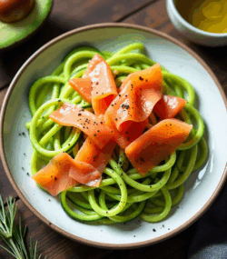 Rețeta Zoodles (paste de zucchini) cu avocado și somon afumat