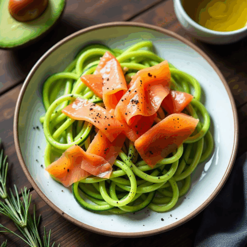 Rețeta Zoodles (paste de zucchini) cu avocado și somon afumat