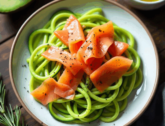 Rețeta Zoodles (paste de zucchini) cu avocado și somon afumat