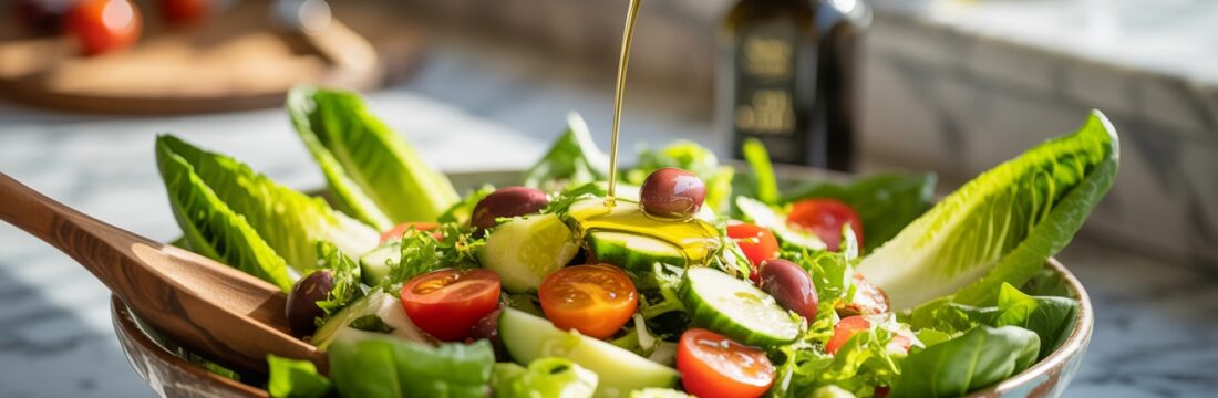 Un bol cu salată peste care se toarnă ulei de măsline plin de grăsimi sănătoase pentru organism