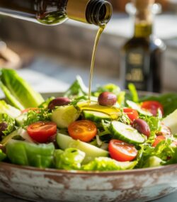 Un bol cu salată peste care se toarnă ulei de măsline plin de grăsimi sănătoase pentru organism