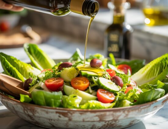 Un bol cu salată peste care se toarnă ulei de măsline plin de grăsimi sănătoase pentru organism