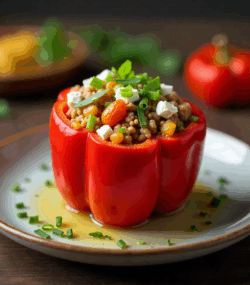 Rețeta hipocalorică ardei copt cu umplutură de cuscus și vită cu feta