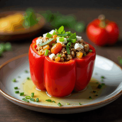 Rețeta hipocalorică ardei copt cu umplutură de cuscus și vită cu feta
