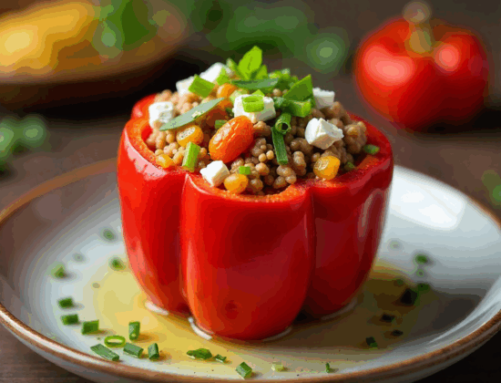 Rețeta hipocalorică ardei copt cu umplutură de cuscus și vită cu feta