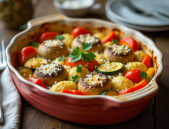 Rețetă vegetariana hipocalorica de ciuperci gratinate cu legume la cuptor