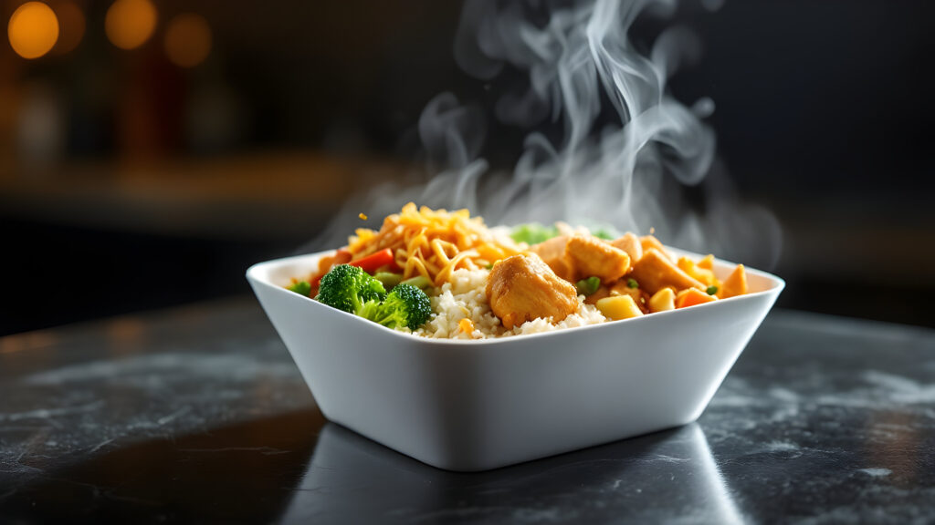 un bowl cu orez, pui și legume, servit fierbinte, cu aburi iesind din preparat
