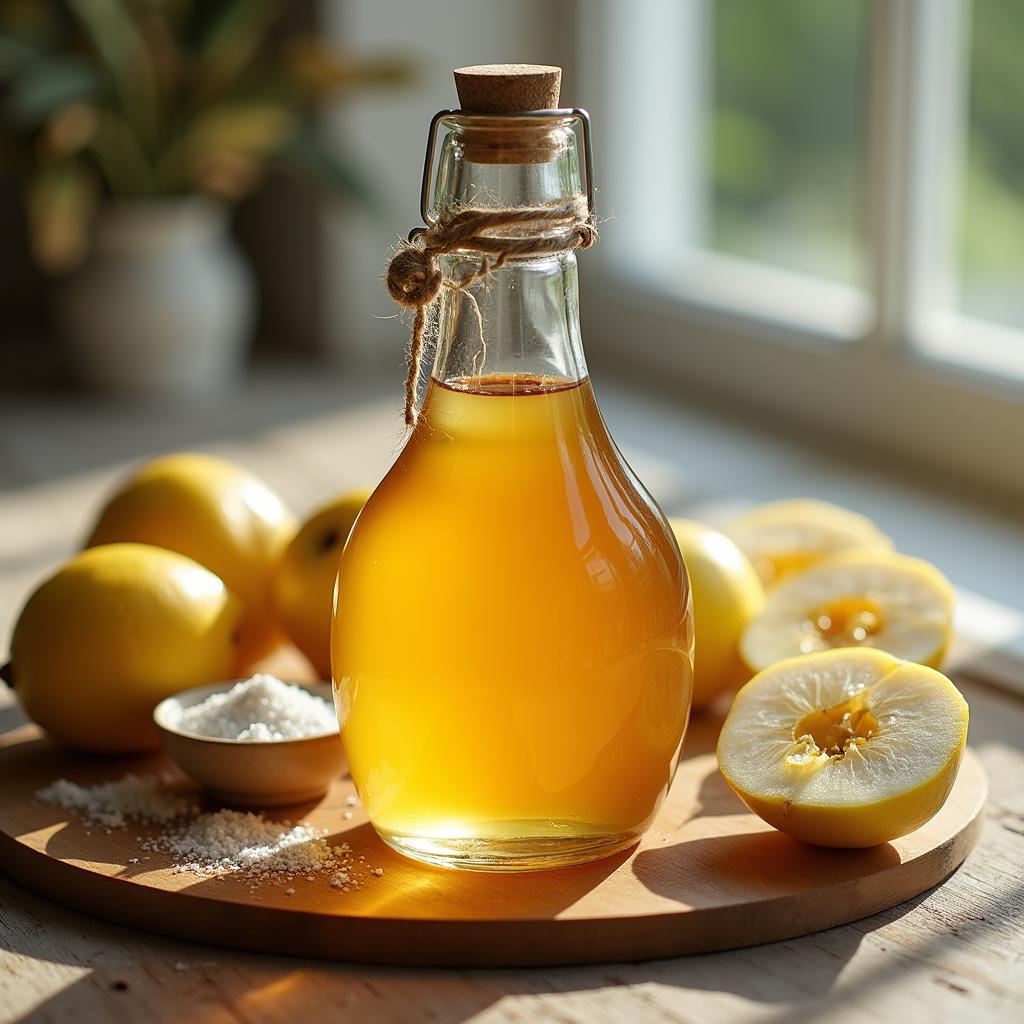 Imagine de aproape cu o sticlă de sirop de gutui fără zahăr, potrivit pentru o dietă hipocalorică de slăbit