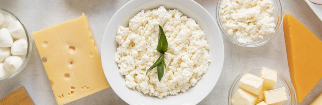 Imagine de sus cu diferite sortimente de lactate. In centru, un bol alb cu cottage cheese, aliment bogat în proteine, optim într-o dietă de slăbit