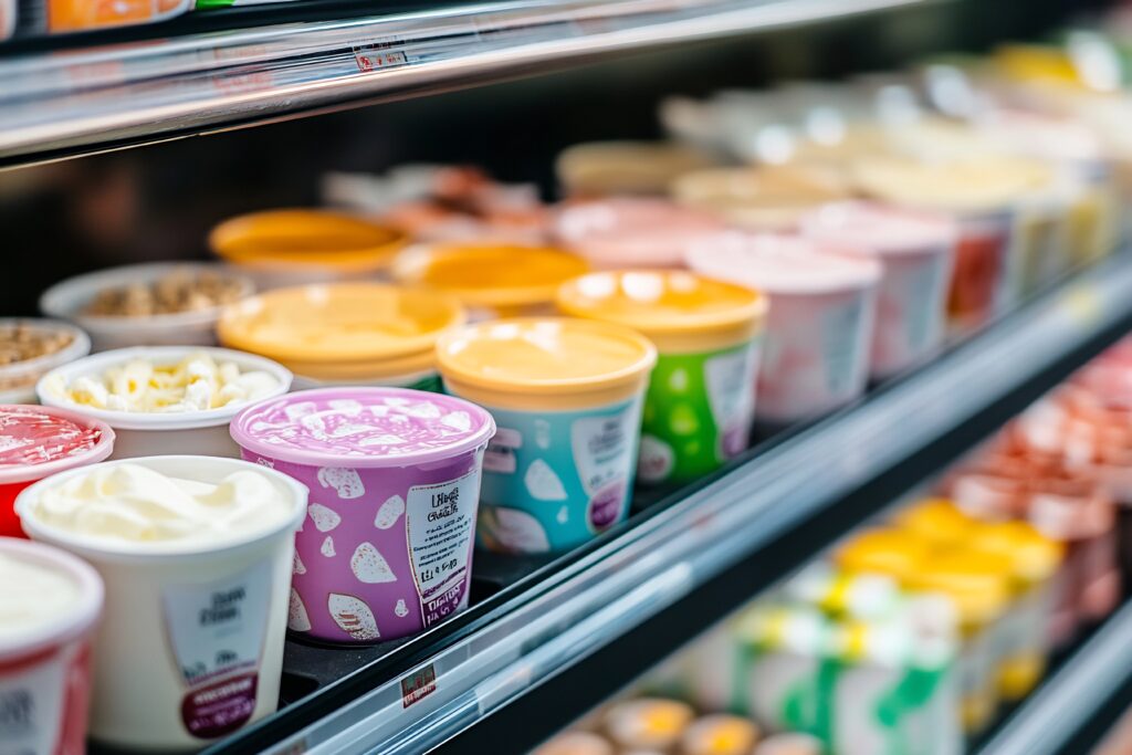 iaurturi cremoase, cu diverse arome fructate, colorate, la raftul unui supermarket