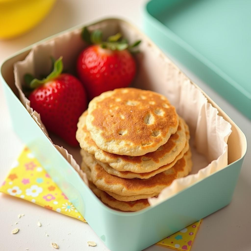 Imagine de aproape cu Mini pancakes cu banană, într-un pachețel sănătos pentru școală. Lângă, 2 căpșuni mari.
