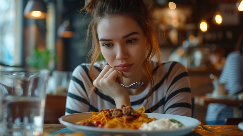 o tânără mănâncă mâncare într-o cafenea, pare că se simte vinovată