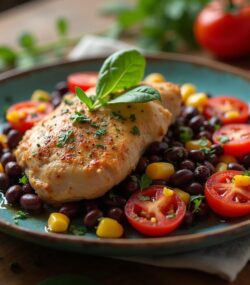 Rețeta hipocalorică pulpa de curcan cu fasole neagră, porumb și roșii coapte