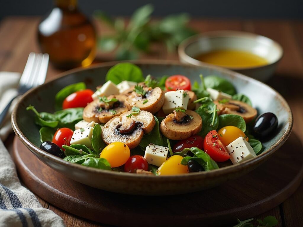 Rețeta hipocalorică salată de ciuperci cu telemea, roșii și dressing de ulei